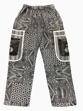 **NEW**Black Patterned Cargo Pants with Cream Trim
